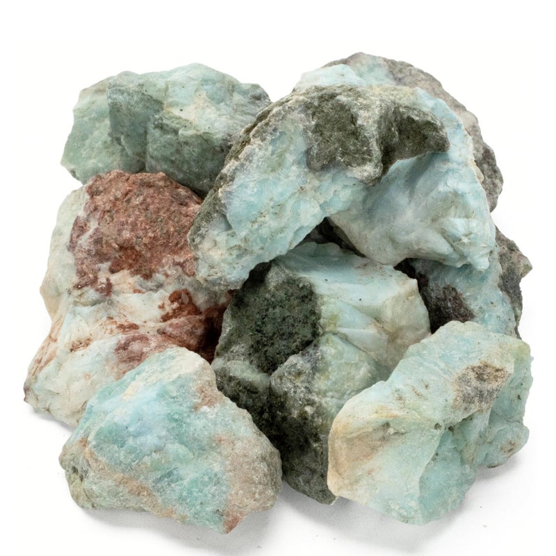 KALIFANO Rough Larimar 10 Stone Bundle with Healing Calming Effects AAA High Energy Piedras Brutas de Larimar Reiki Worry Crystal Used for Serenity and Communication Information Card Included